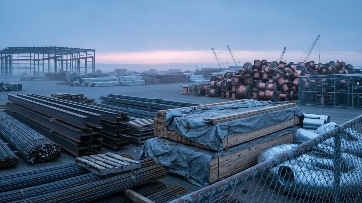 Editorial image: Dawn materials stockyard, rising costs - Construction Input Costs Up 7.4% Year Over Year, More Hikes Coming