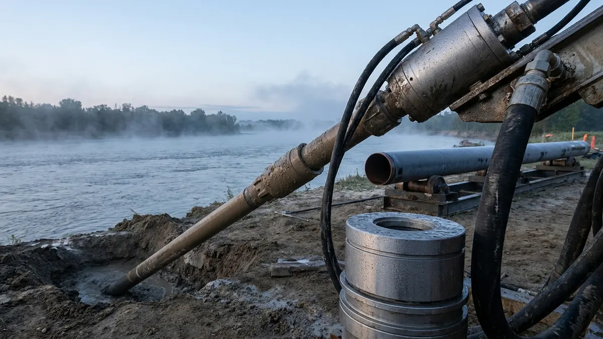 Editorial image: HDD rig at river crossing - Crossing Group Sets HDD Record on Athabasca River Pipeline Bore