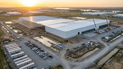Editorial image: Aerial solar plant construction site - CS PowerTech Opens $1B Solar Cell Plant in Jeffersonville, Indiana