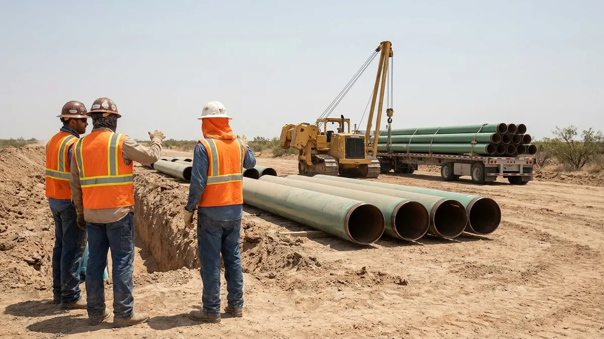 Editorial image: Pipeline crew briefing at trench - EIA Tracks 8 Completed, 14 Announced US Liquids Pipeline Projects
