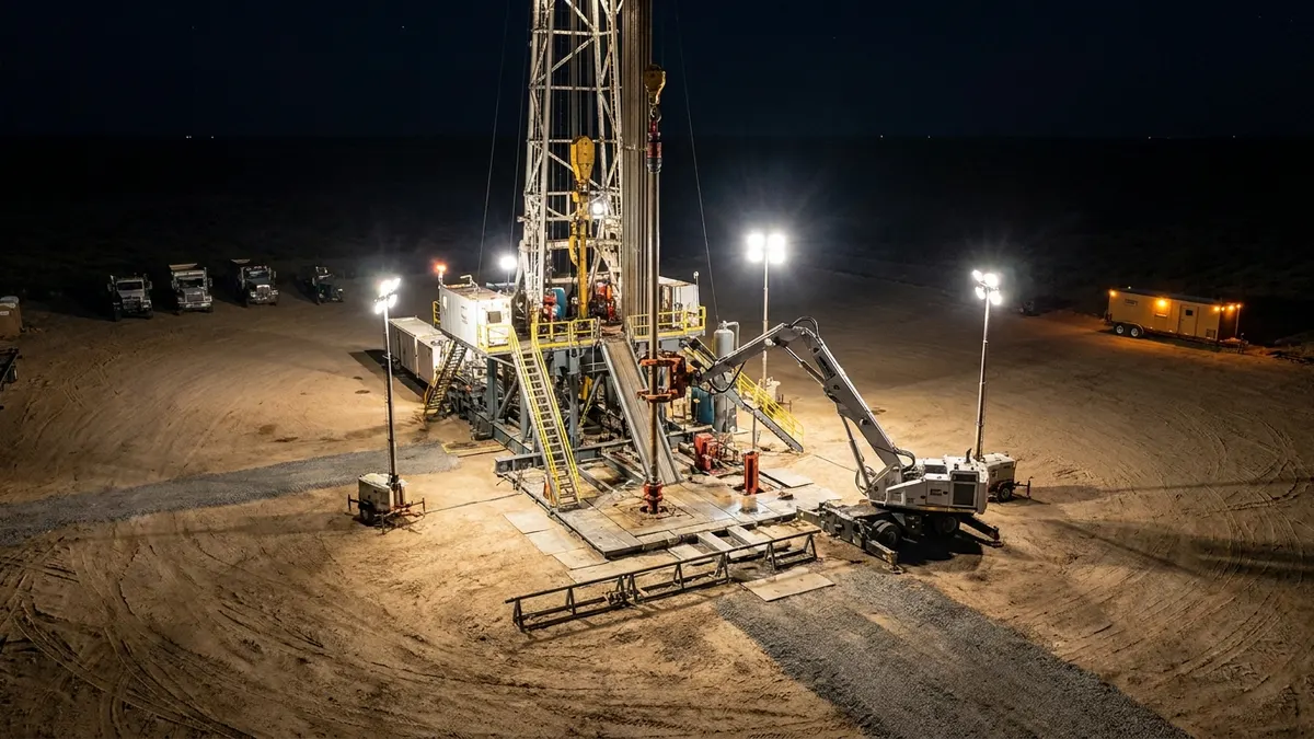 Editorial image: Automated rig at night, aerial - Exxon Expands Automated Drilling Rigs in Permian, Aiming for Half Its Fleet by 2028