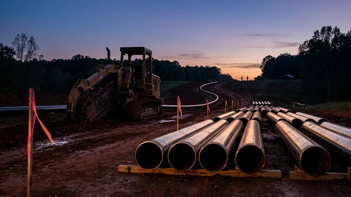 Editorial image: Pipeline corridor staged at dusk - FERC Clears $1.7B Kinder Morgan Pipeline Across Mississippi, Setting Up Construction Bid Rush