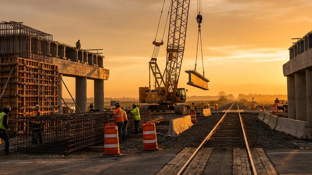 Editorial image: Grade crossing bridge construction golden-hour - FRA Awards $5.3B for Rail Crossings, Track Upgrades in 23 States