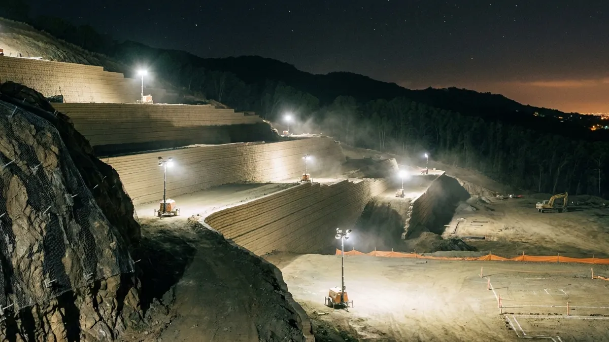 Editorial image: Terraced hillside earthwork at night - Hensel Phelps Wins $309M Navy Contract for Red Hill Water Treatment Plant