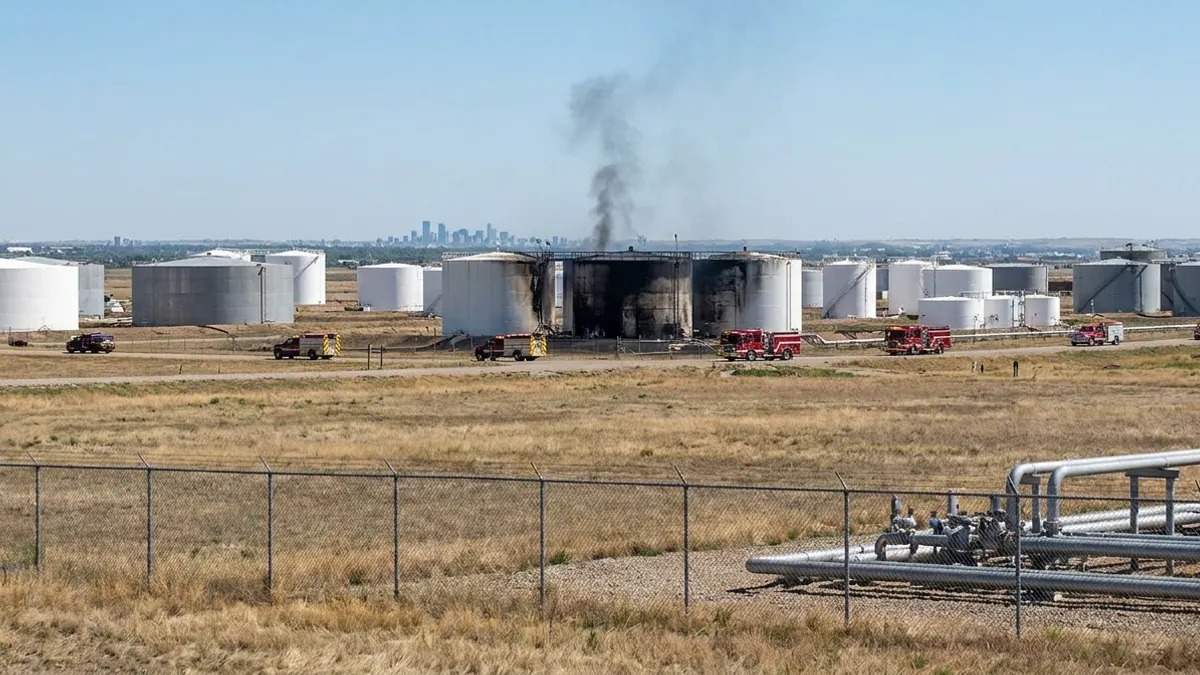 Editorial image: Storage tank fire aftermath, wide view - Lightning-Sparked Fire Shuts Down Key Oklahoma Fuel Hub, Diesel Prices in Focus