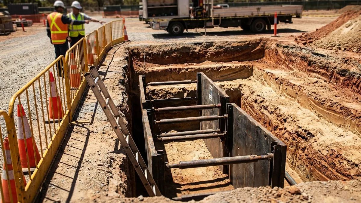 Editorial image: Trench shoring safety inspection close-up - Michigan Trench Collapses Spur MIOSHA Push on Hazard Checks