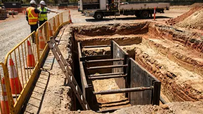 Editorial image: Trench shoring safety inspection close-up - Michigan Trench Collapses Spur MIOSHA Push on Hazard Checks