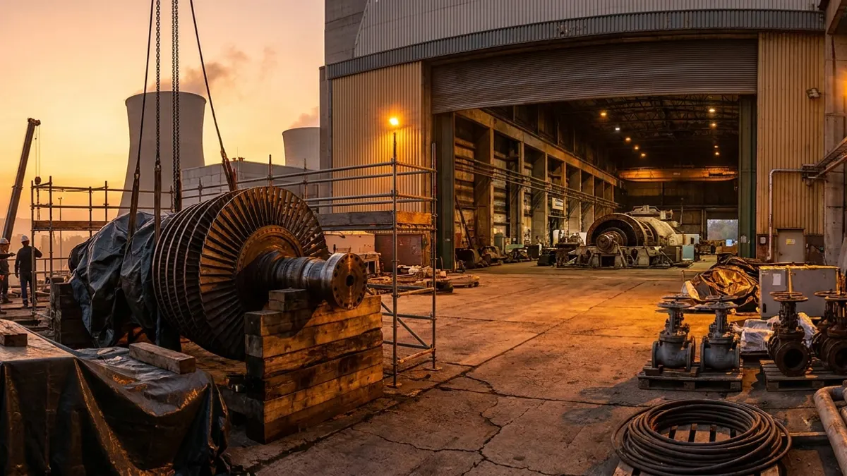Editorial image: Nuclear plant turbine overhaul at dusk - Nuclear Restarts Show Uneven Path for Subcontractor Work