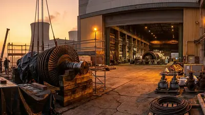 Editorial image: Nuclear plant turbine overhaul at dusk - Nuclear Restarts Show Uneven Path for Subcontractor Work