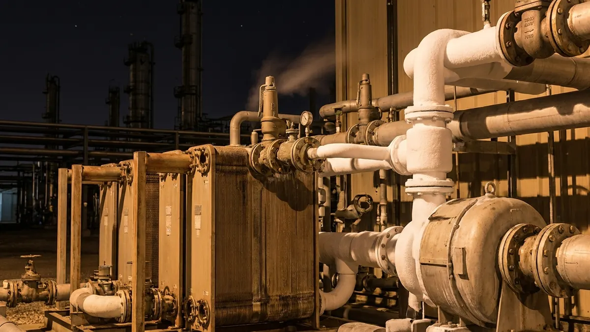 Editorial image: Gas treating equipment bottleneck at night - Permian Pipeline Gains May Hit a Processing Wall by 2028