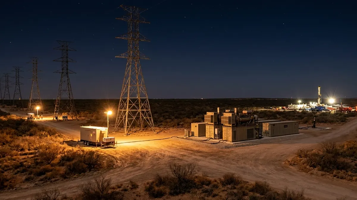 Editorial image: microgrid transmission towers powering Permian night - Permian Power Crunch Signals Boom Time for West Texas Electrical Contractors