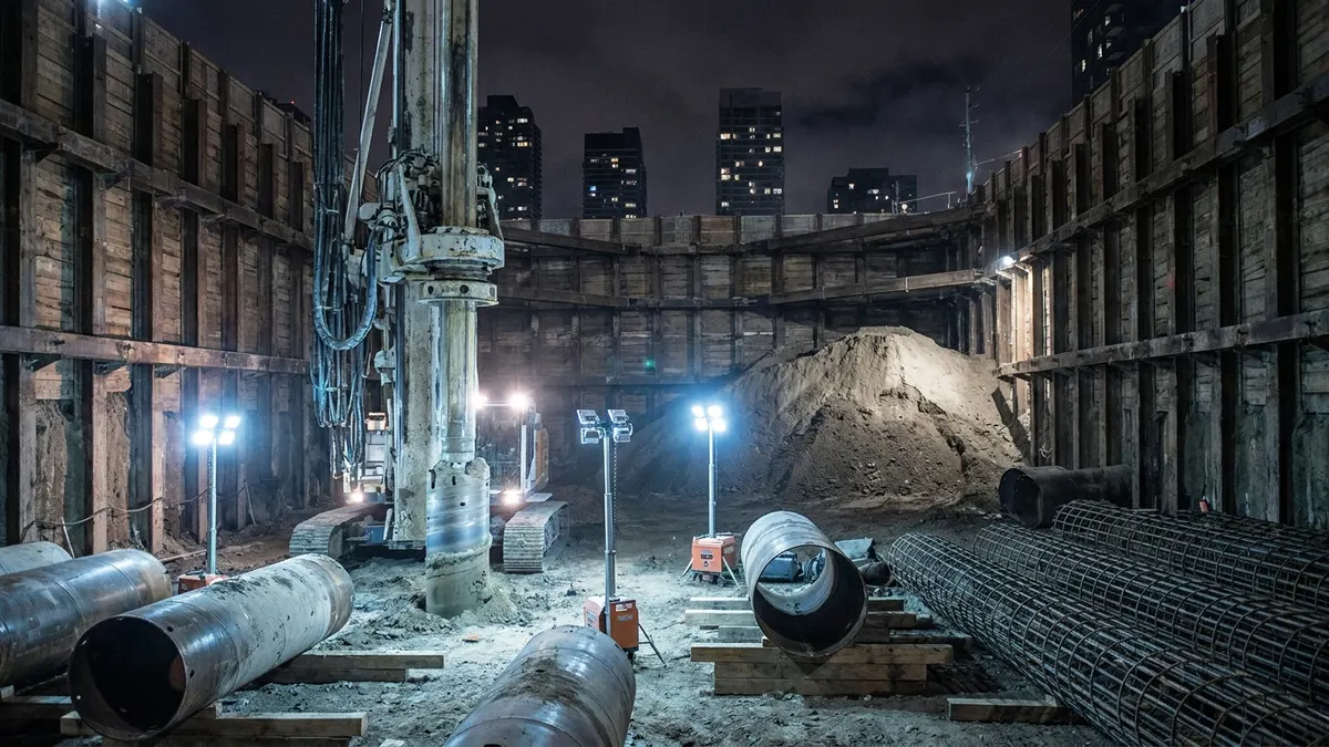 Editorial image: Night piling rig subway excavation - Piling, Excavation Begin at Scarborough Subway's Lawrence-McCowan Station