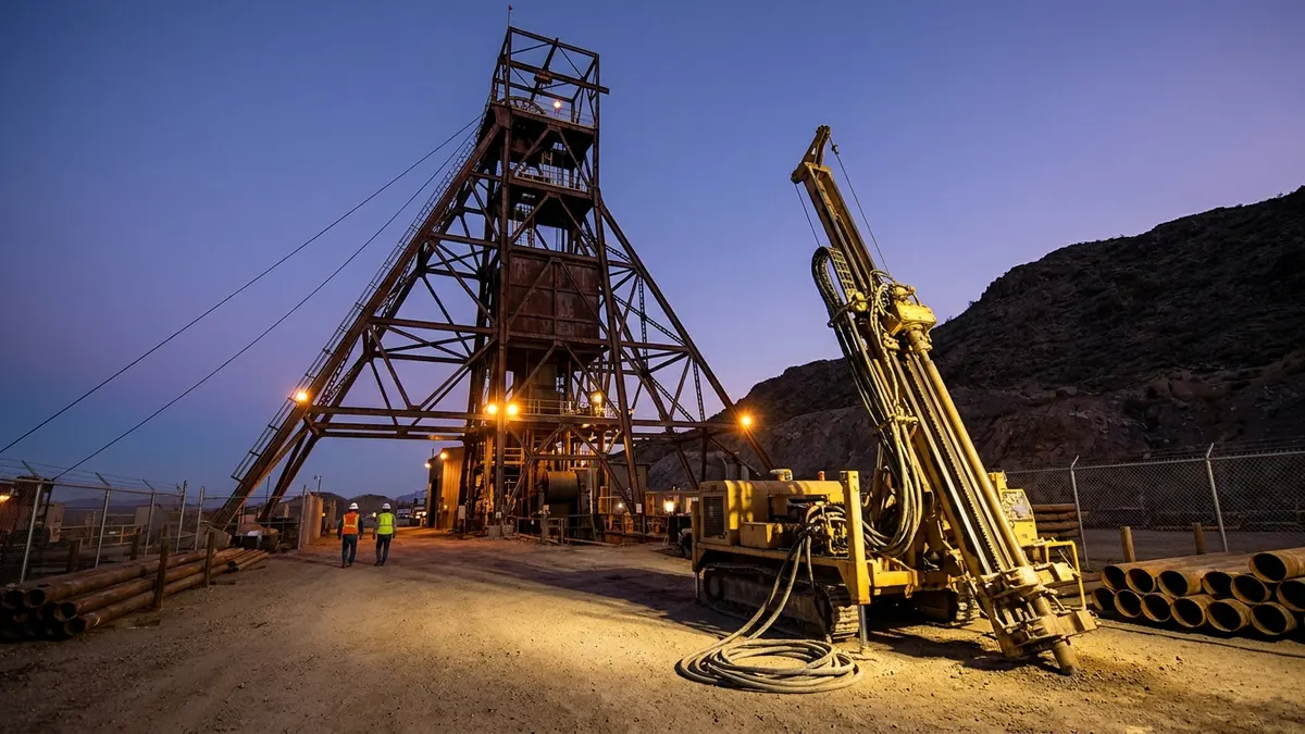 Editorial image: Underground mine shaft headframe at dusk - Resolution Copper Awards $110M in Drilling, Underground Development Contracts