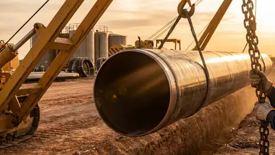 Editorial image: pipeline joint being laid, golden-hour - Select Water Solutions Expands Permian Pipeline Network With $120M New Mexico Buildout