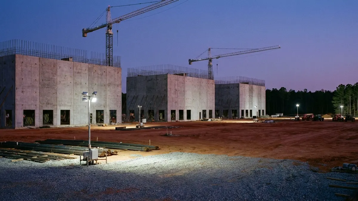 Editorial image: Data center shells under construction dusk - Skanska Wins $1.2B Deal for Four Data Centers in Southeast US