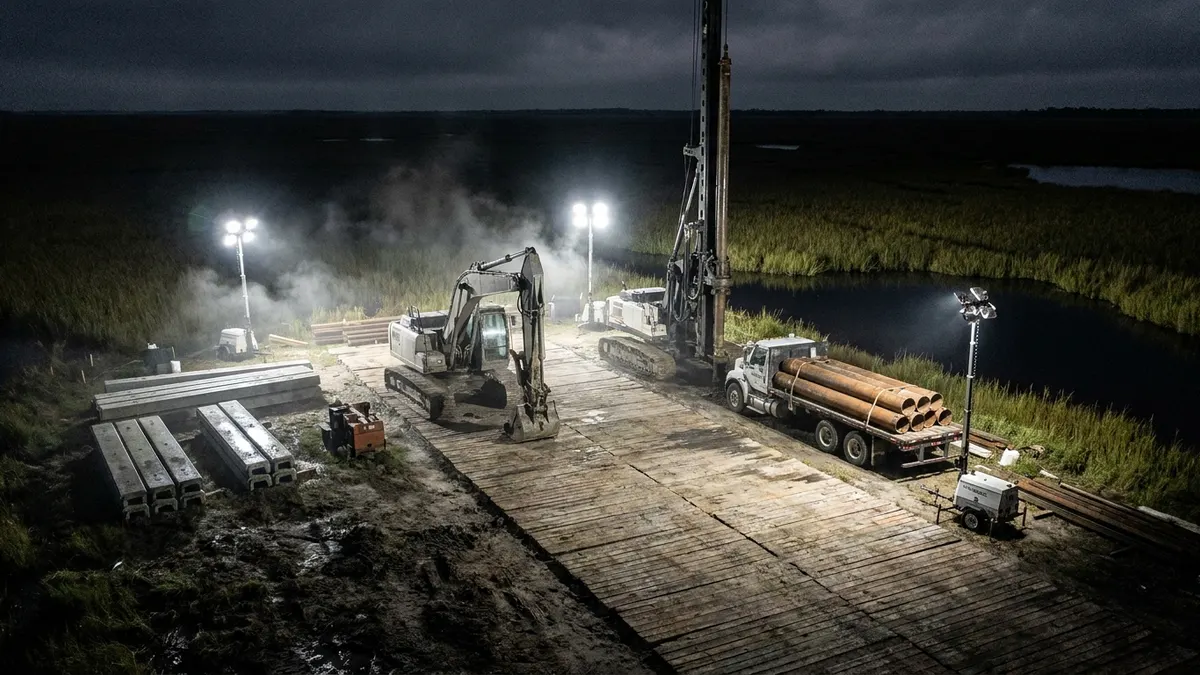 Editorial image: Night staging yard on marshland - SpaceX's $100B Louisiana Spaceport Plan Signals Years of Field Work Ahead
