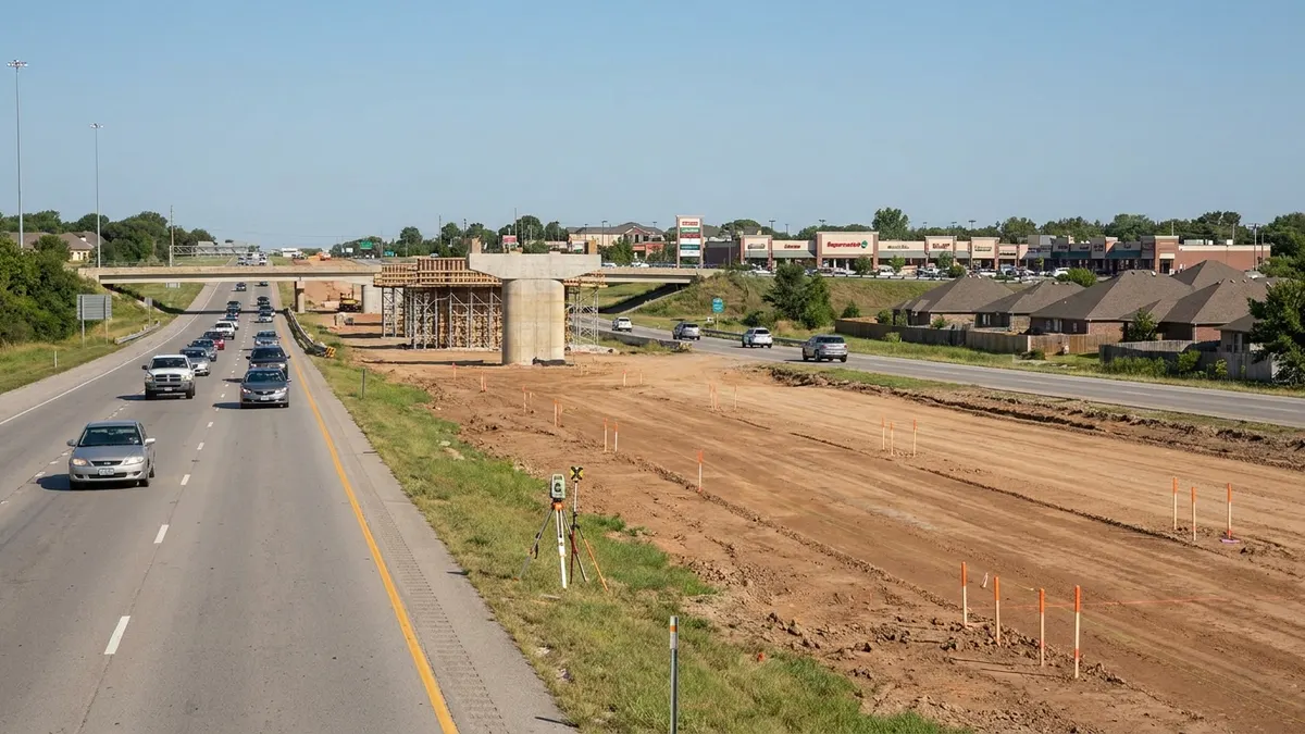 Editorial image: Highway expansion corridor with survey stakes - Tennessee's $9.2B I-24 Toll Lanes Deal Signals Decade of Heavy-Civil Work
