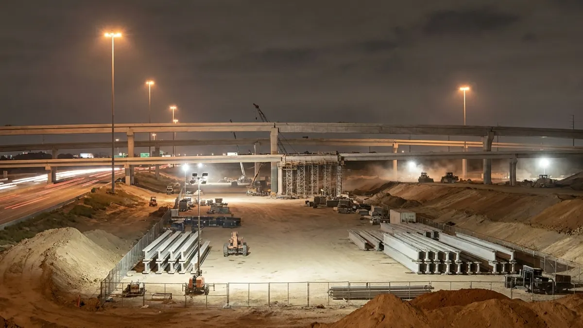 Editorial image: Nighttime Texas highway megaproject construction - Texas Approves $138B Decade-Long Transportation Investment Plan