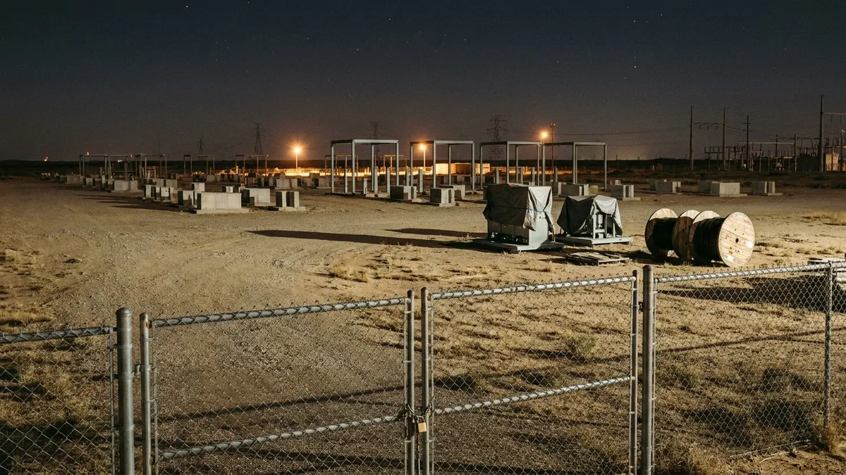 Editorial image: Stalled data center site at night - Texas Governor Orders Data Center Audit, Freezing 474 GW Interconnection Queue