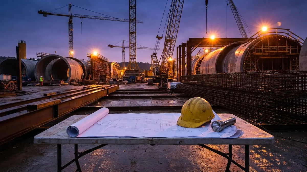 Editorial image: Megaproject site plan at dusk - Tutor Perini Posts Record Q2 Revenue, Turns Selective on $200B Bid Pipeline