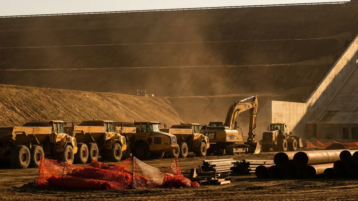 Editorial image: Dam retrofit staging equipment scale - Valley Water's $1.88B Anderson Dam Contract Sets Up 7-Year Rebuild