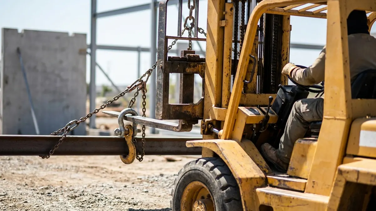 Editorial image: Forklift rigging suspended steel beam - Washington Eyes New Certification Rules for Forklifts Lifting Suspended Loads