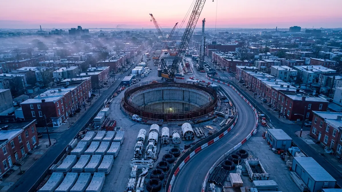 Editorial image: Aerial dawn shot of urban tunnel excavation site - Webuild-FCC JV's $4.32B Ontario Line Win Signals Deep Subcontracting Pipeline