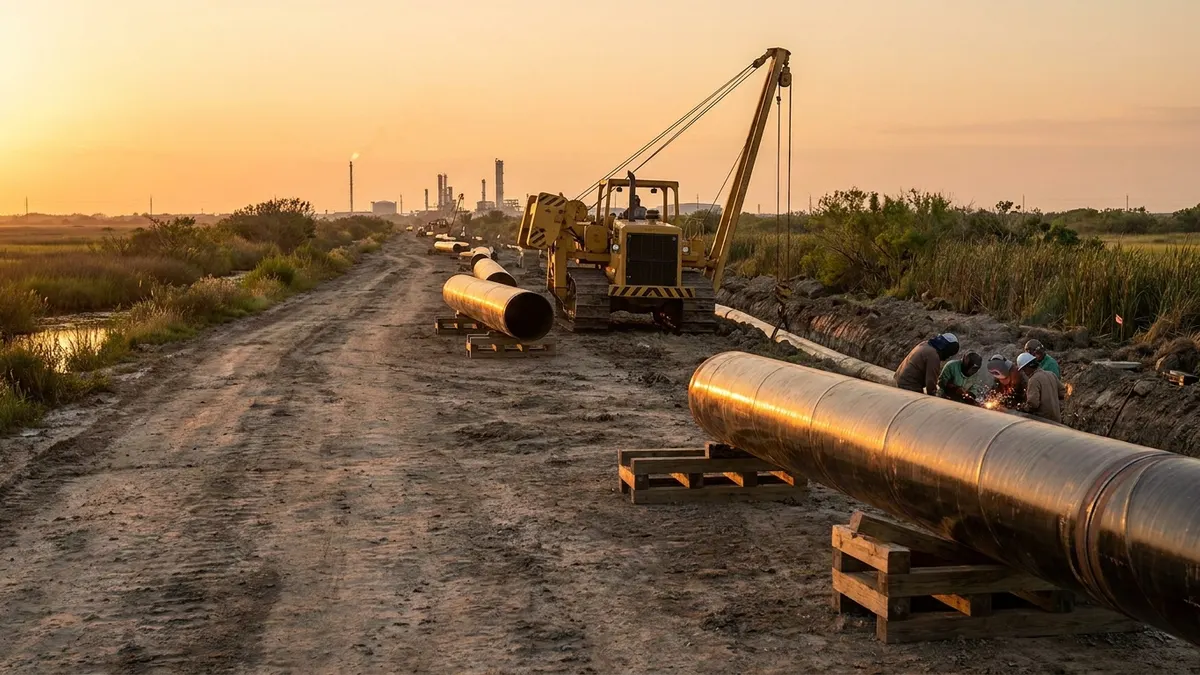 Editorial image: Pipeline right-of-way construction at golden hour - Williams' Delta Access Pipeline to Feed Venture Global's Plaquemines Expansion