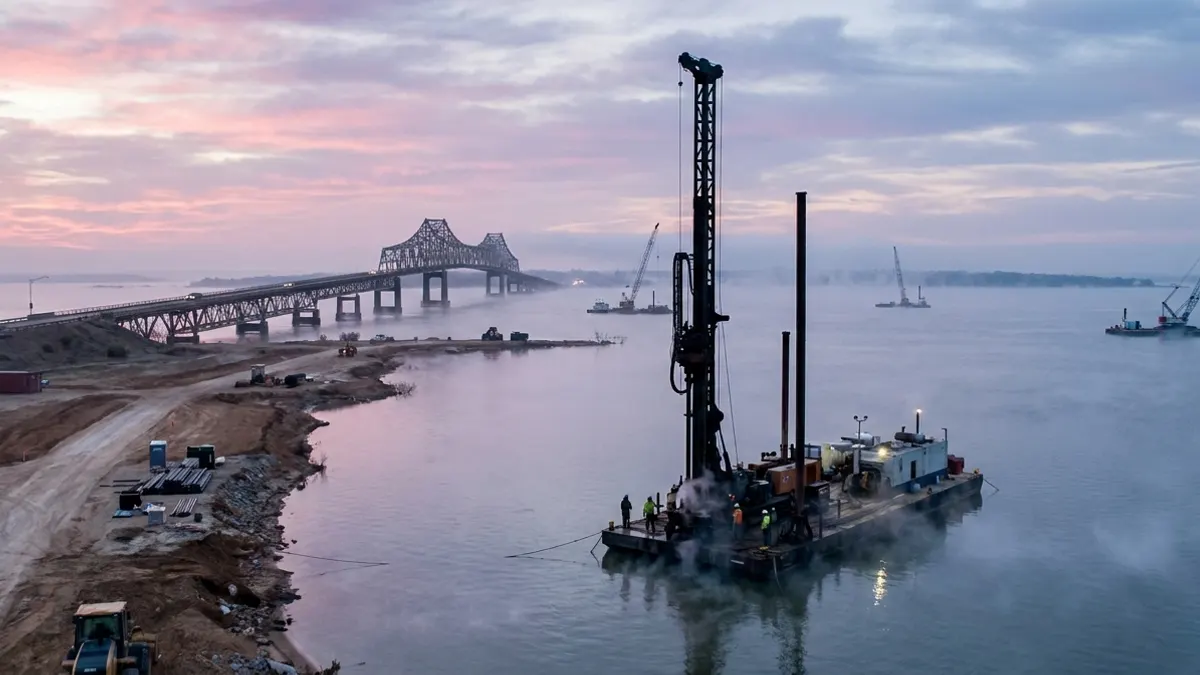 Editorial image: Dawn barge drilling, lake bridge - $408M Roosevelt Bridge Replacement Breaks Ground at Lake Texoma