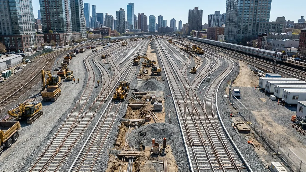 Editorial image: Aerial rail yard construction, NYC skyline - Amtrak Breaks Ground on $1B Sunnyside Yard Maintenance Facility