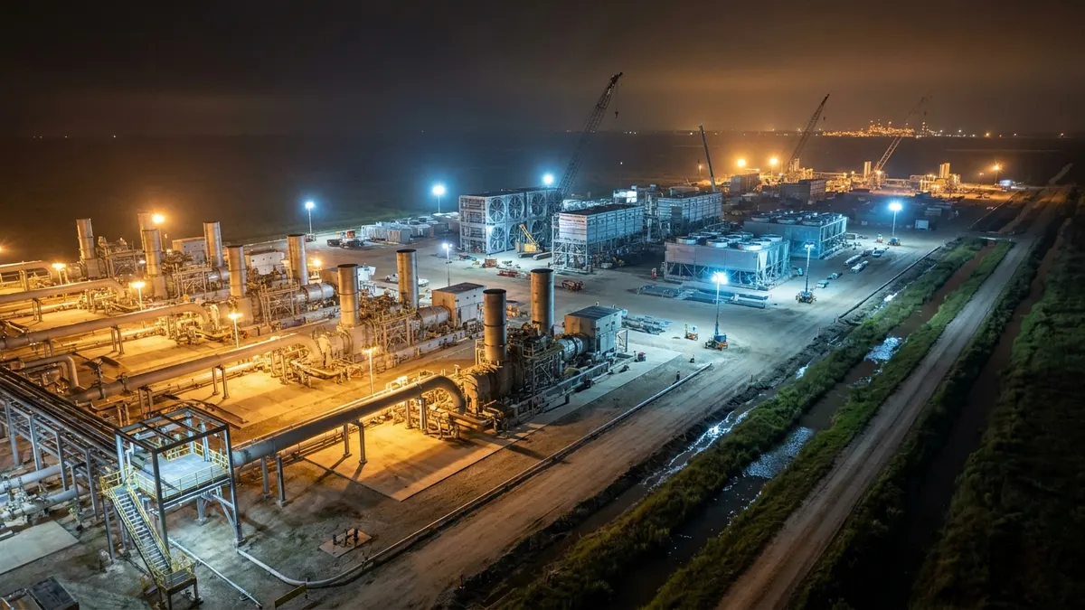 Editorial image: Night aerial LNG compression buildout - Baker Hughes Lands Compression, Liquefaction Orders for Venture Global's Gulf Coast Buildout