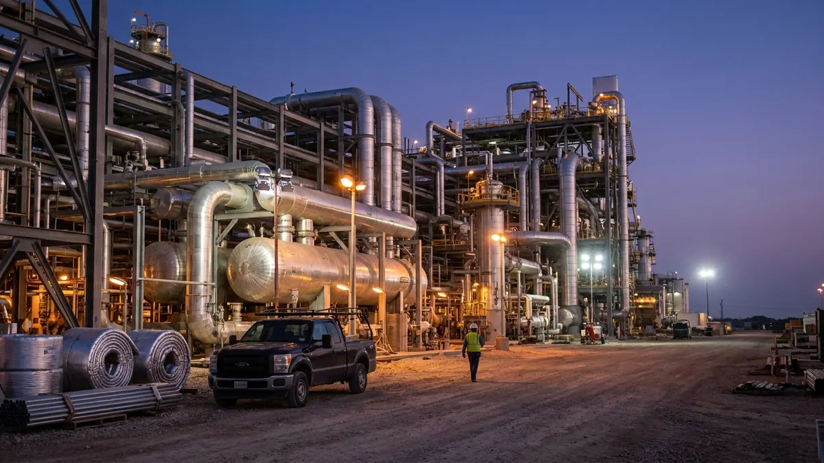 Editorial image: Completed LNG train at dusk - Bechtel Hits Substantial Completion on Cheniere's Corpus Christi LNG Expansion