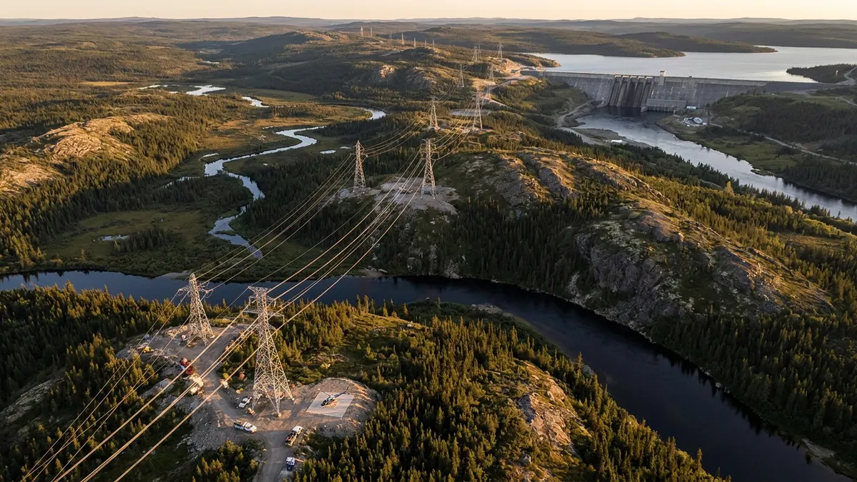 Editorial image: Aerial transmission towers over remote hydro landscape - Canada's $7.2B Clean Power Push Opens Multi-Year Work in Newfoundland and Labrador