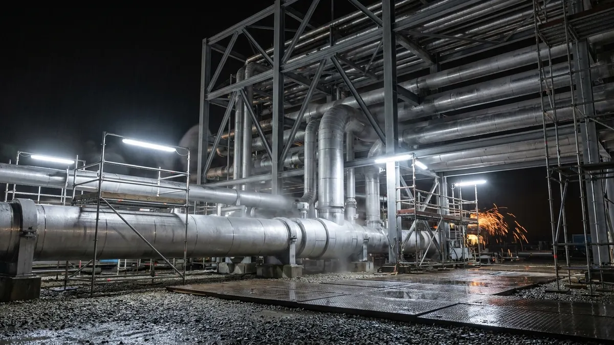 Editorial image: LNG module piping construction at night - Caturus Plans Five-Train Expansion at Commonwealth LNG in Louisiana