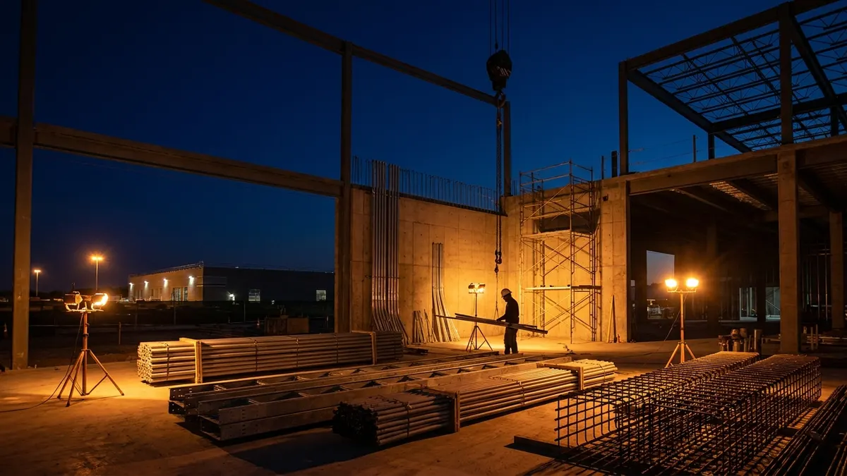 Editorial image: Night data center construction site - Data Centers Drive Construction Starts Up 17% as Housing, Industrial Work Slide