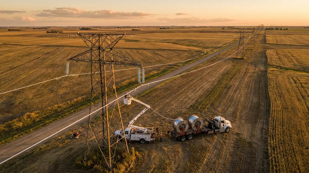 Editorial image: aerial reconductoring work on transmission corridor - DOE's $1.9B Transmission Push Signals Near-Term Work for Line Crews