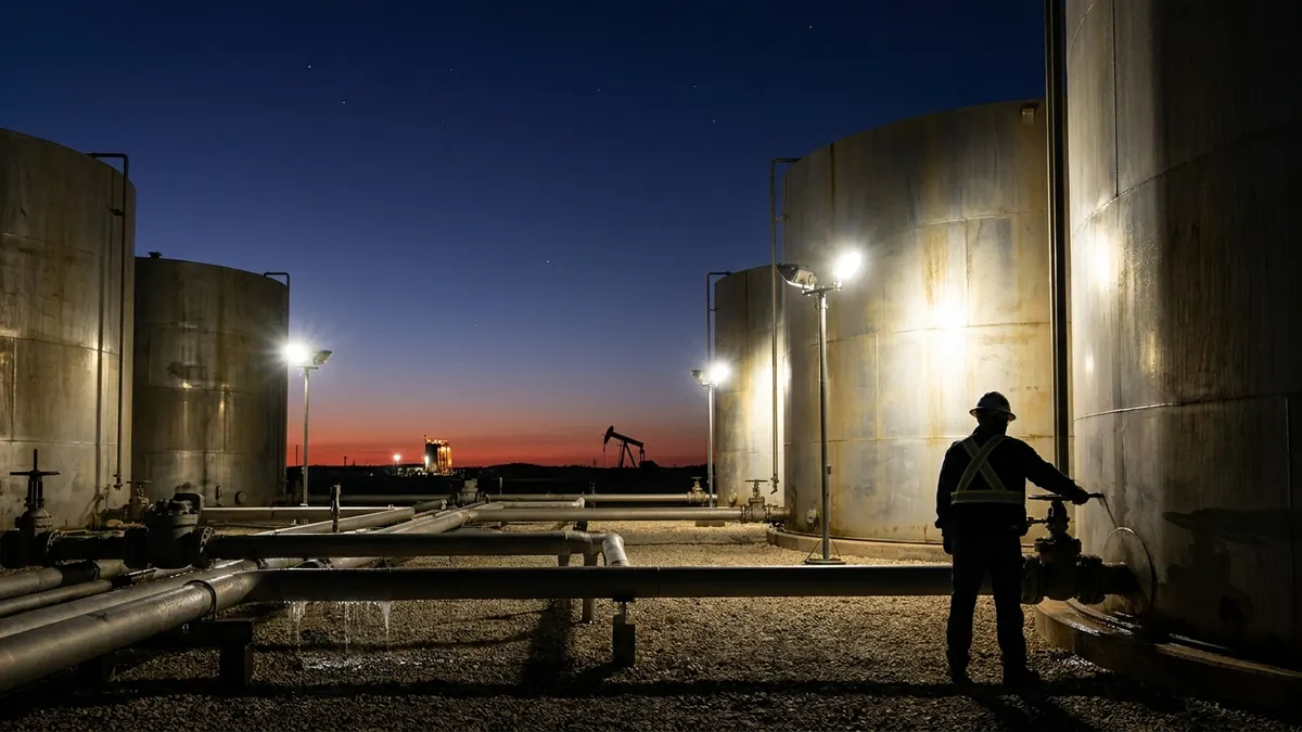 Editorial image: Permian tank battery at dusk - EIA Sees Record US Crude Output in 2026 on Permian, Gulf Gains