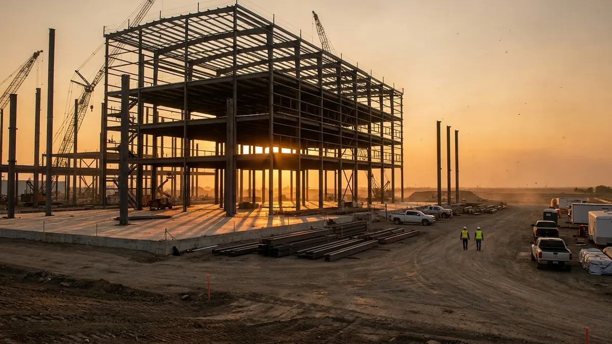 Editorial image: Gigafactory steel structure rising, golden-hour - EllisDon Named GC for PowerCo's $7B St. Thomas Gigafactory