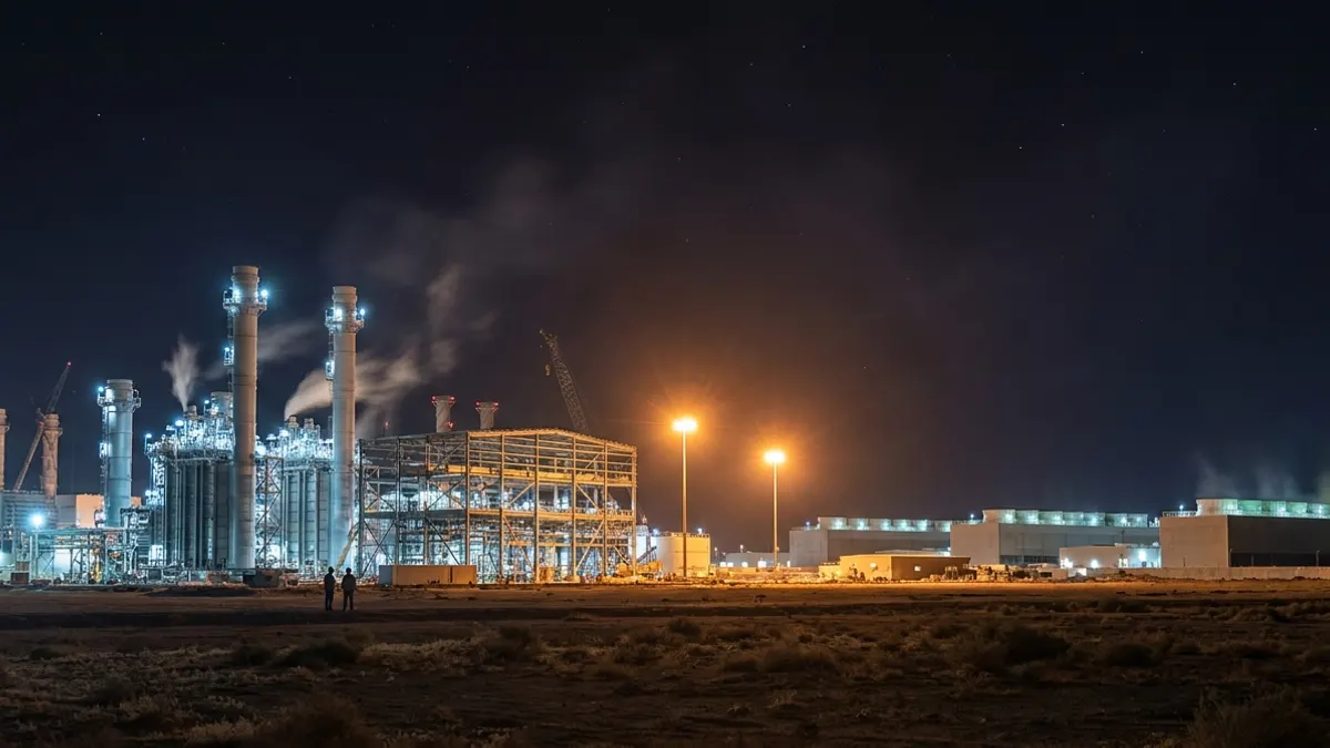 Editorial image: Nighttime gas plant construction near data centers - EPA's Power Plant GHG Repeal Opens Door to Gas Generation Boom