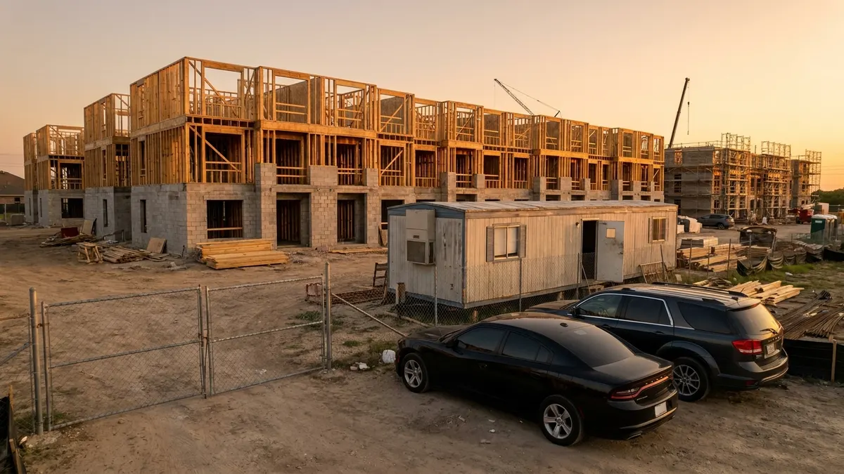 Editorial image: government vehicles at halted construction site - Federal Agents Raid Cadence McShane Offices Over HUD Housing Project Accounting