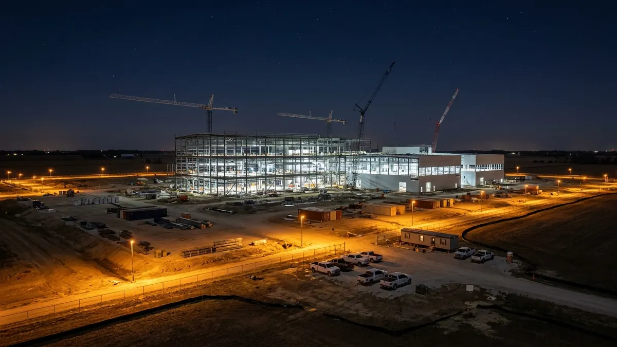 Editorial image: Chip plant construction at night - Hanmi Global to Manage $4B SK Hynix Chip Plant in Indiana
