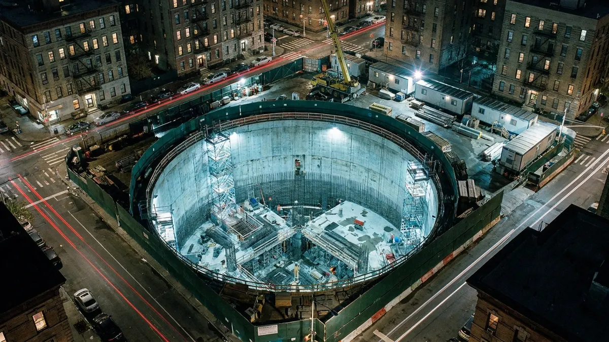 Editorial image: Aerial night view, subway shaft excavation - MTA Opens Final Bid Round for $6.97B Second Avenue Subway Extension