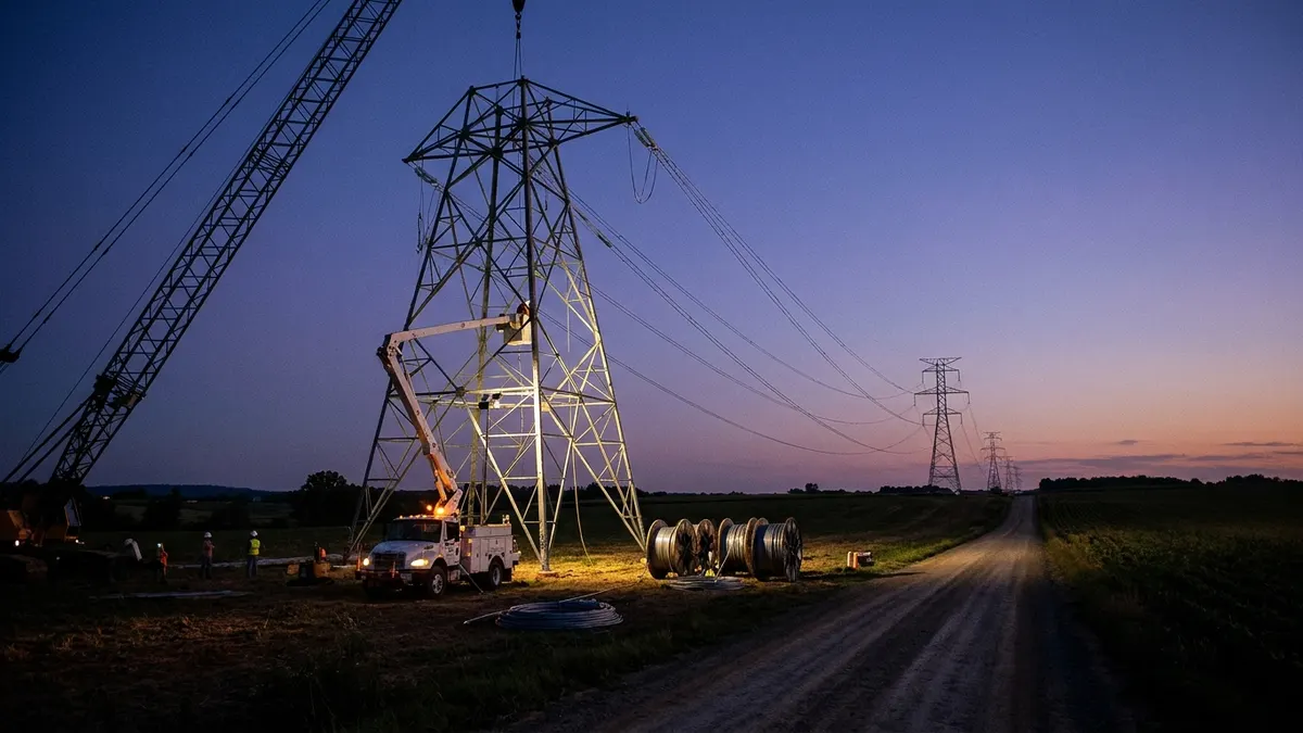 Editorial image: Transmission tower construction at dusk - PJM Stands to Gain Most From New Transmission Study, $6.7B in Benefits
