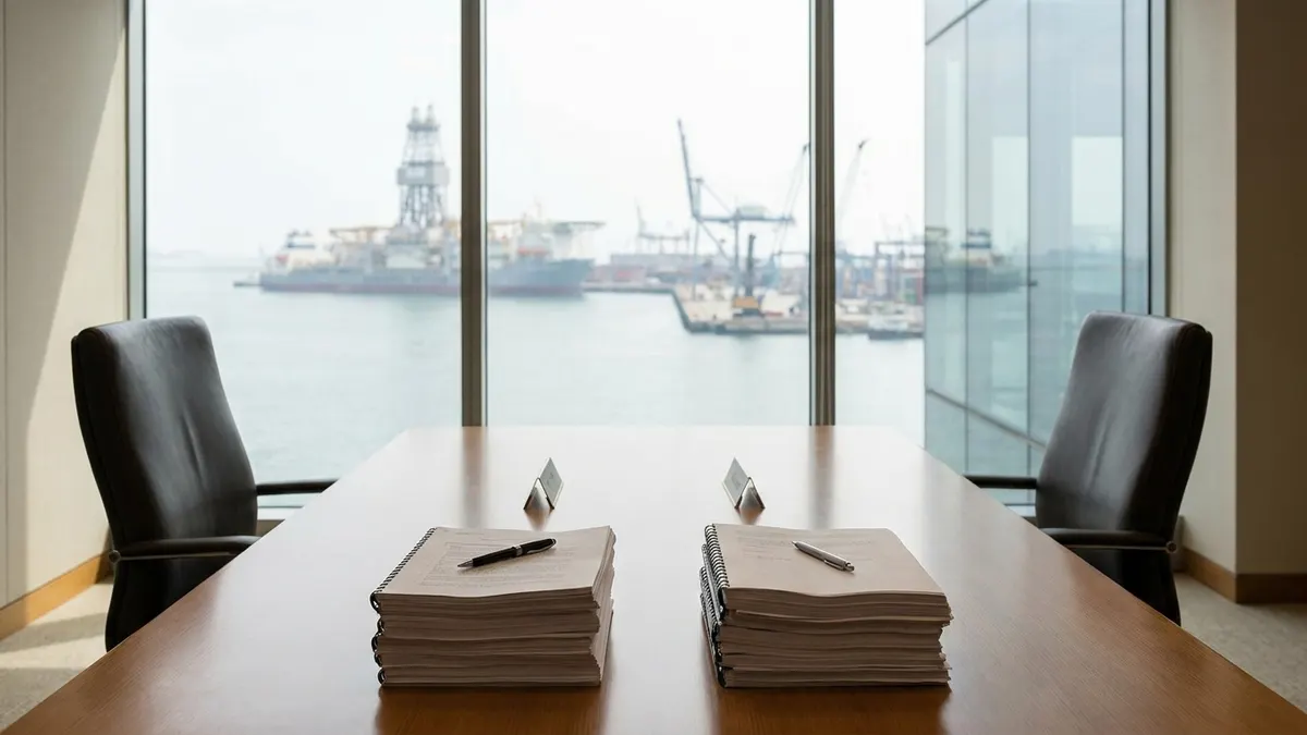 Editorial image: Merger documents overlooking offshore drillship harbor - SED Energy Holdings, Ventura Offshore Plan $1 Billion All-Share Merger