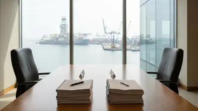 Editorial image: Merger documents overlooking offshore drillship harbor - SED Energy Holdings, Ventura Offshore Plan $1 Billion All-Share Merger