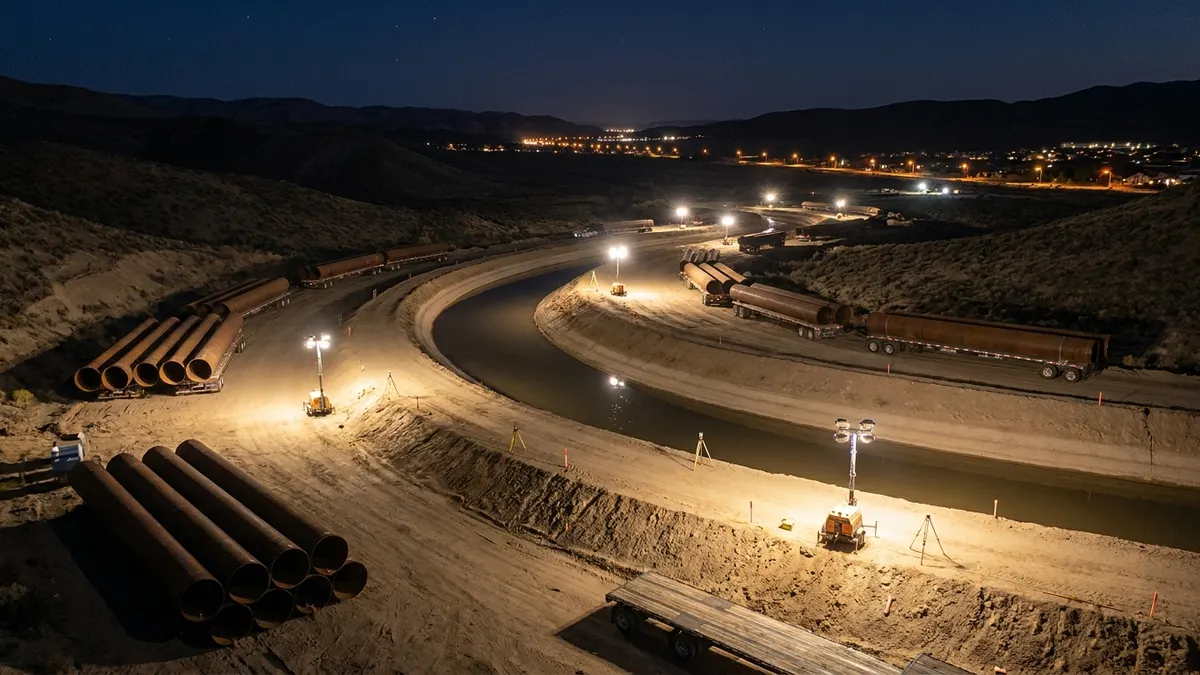 Editorial image: Canal-to-pipeline conversion staging at night - Utah's $750M Canal-to-Pipeline Project Opens Door for Subcontractors