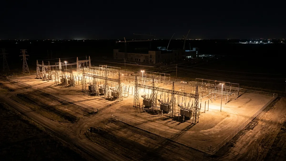 Editorial image: Stalled data center substation at night - Utilities Tighten Screens on Data Centers, Texas Pauses New Grid Hookups