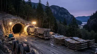 Editorial image: Tunnel portal breakthrough at dusk - Eagle Mountain-Woodfibre Gas Pipeline Tunnel Achieves Breakthrough