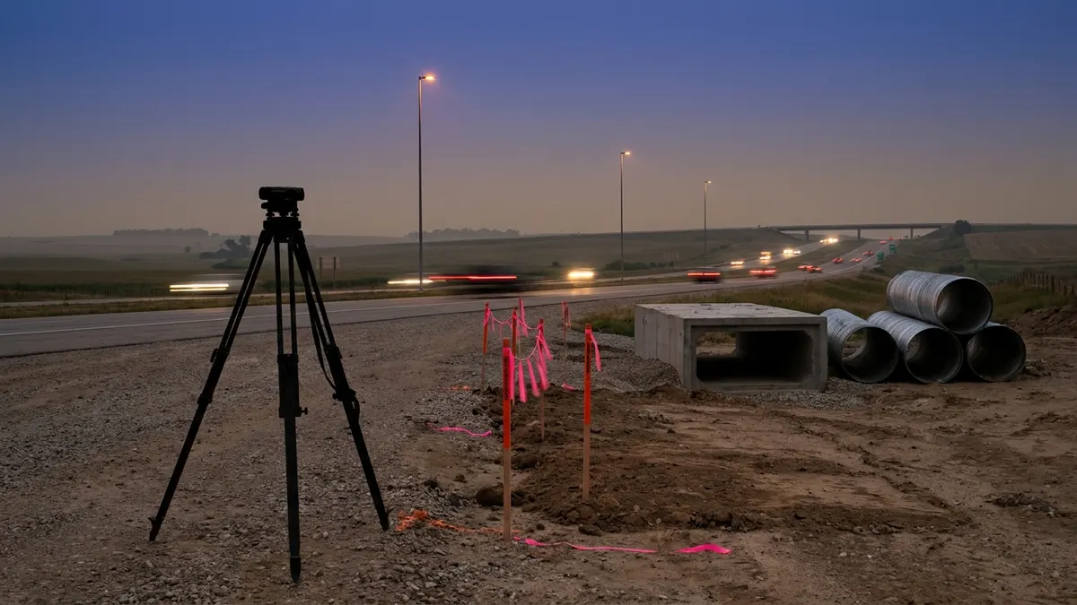 Editorial image: Highway widening survey stakes dusk - AECOM Wins Design Contract for 11 km Highway 400 Widening in King
