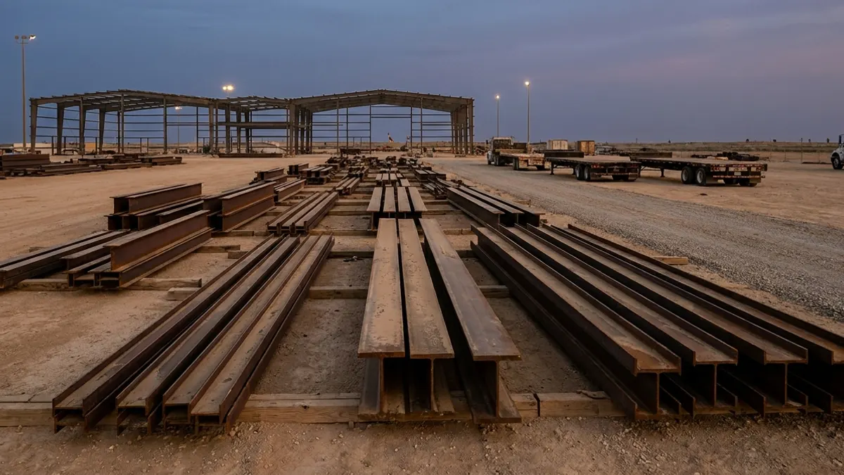 Editorial image: Idle steel beam laydown yard - Construction Input Costs Jump 11.9% as Price Pressures Spread Across Industry